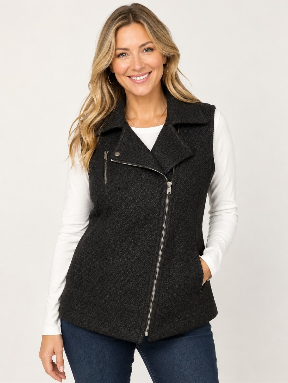 Jessica Simpson Jamie Moto Vest Women's Black Bouclé Asymmetrical Zip Medium